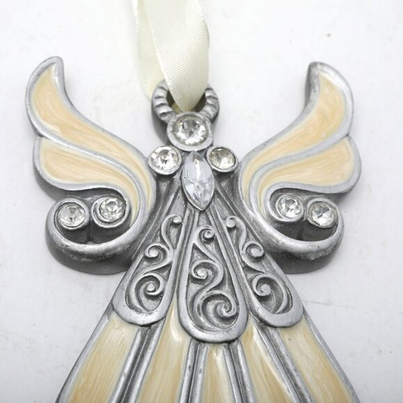 Enamelled Angel Tree Ornament Holidays Christmas Cream Silver Rhinestones - Picture 4 of 8